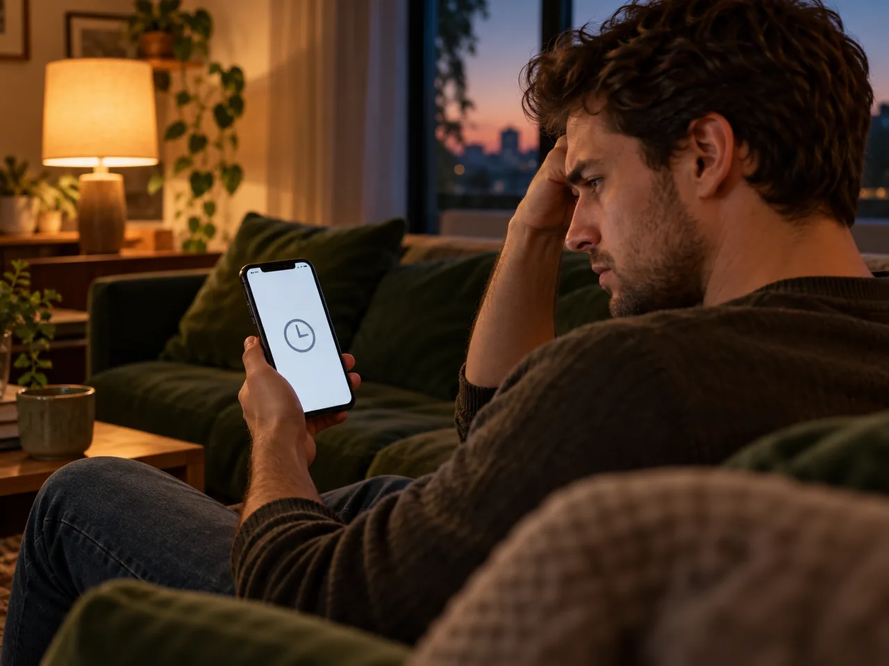 Man waiting on a couch as his phone shows a pending clock icon